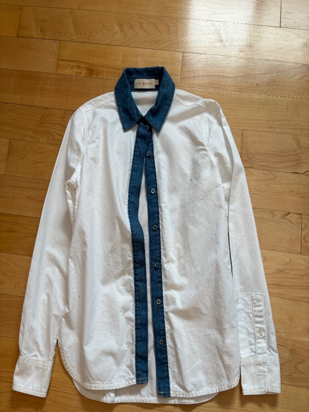 Tory Burch White Blouse with Denim Trim
